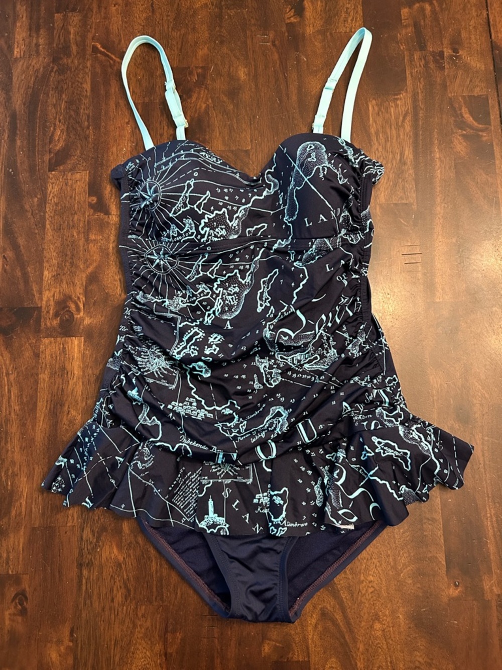 Tommy Bahama Navy One-Piece with Light Blue Map Motif